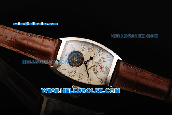 Franck Muller Swiss Tourbillon Manual Winding Movement Steel Case with White Dial and Brown Leather Strap - Click Image to Close